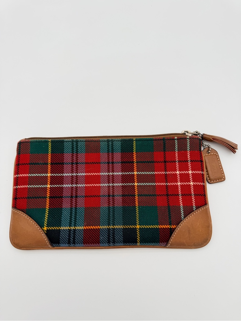 Coach Tartan Wool Leather-Trim Plaid Zip Pouch  Y2K